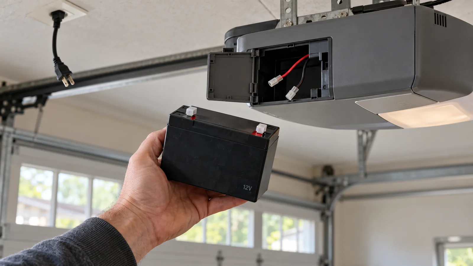 Hand holding a black backup battery beside the open battery compartment of a garage door opener