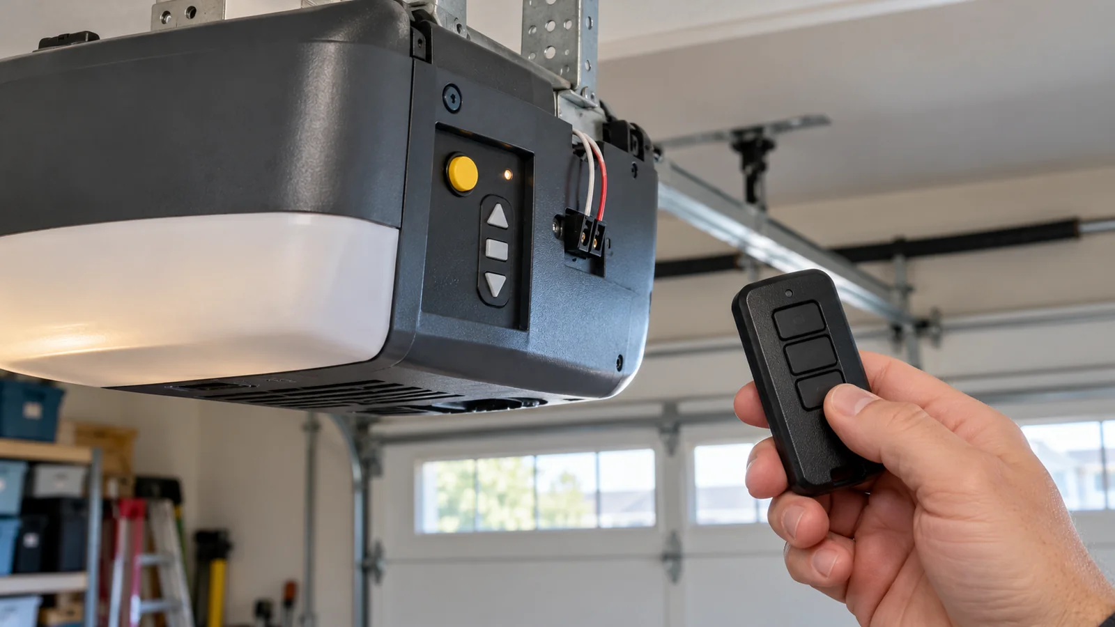 Hand holding a three-button garage door remote beside an opener's yellow learn button