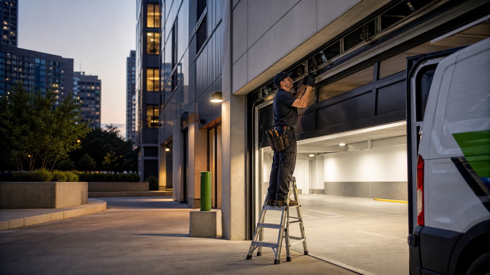 Technician servicing a secure parkade style garage door in Downtown Edmonton
