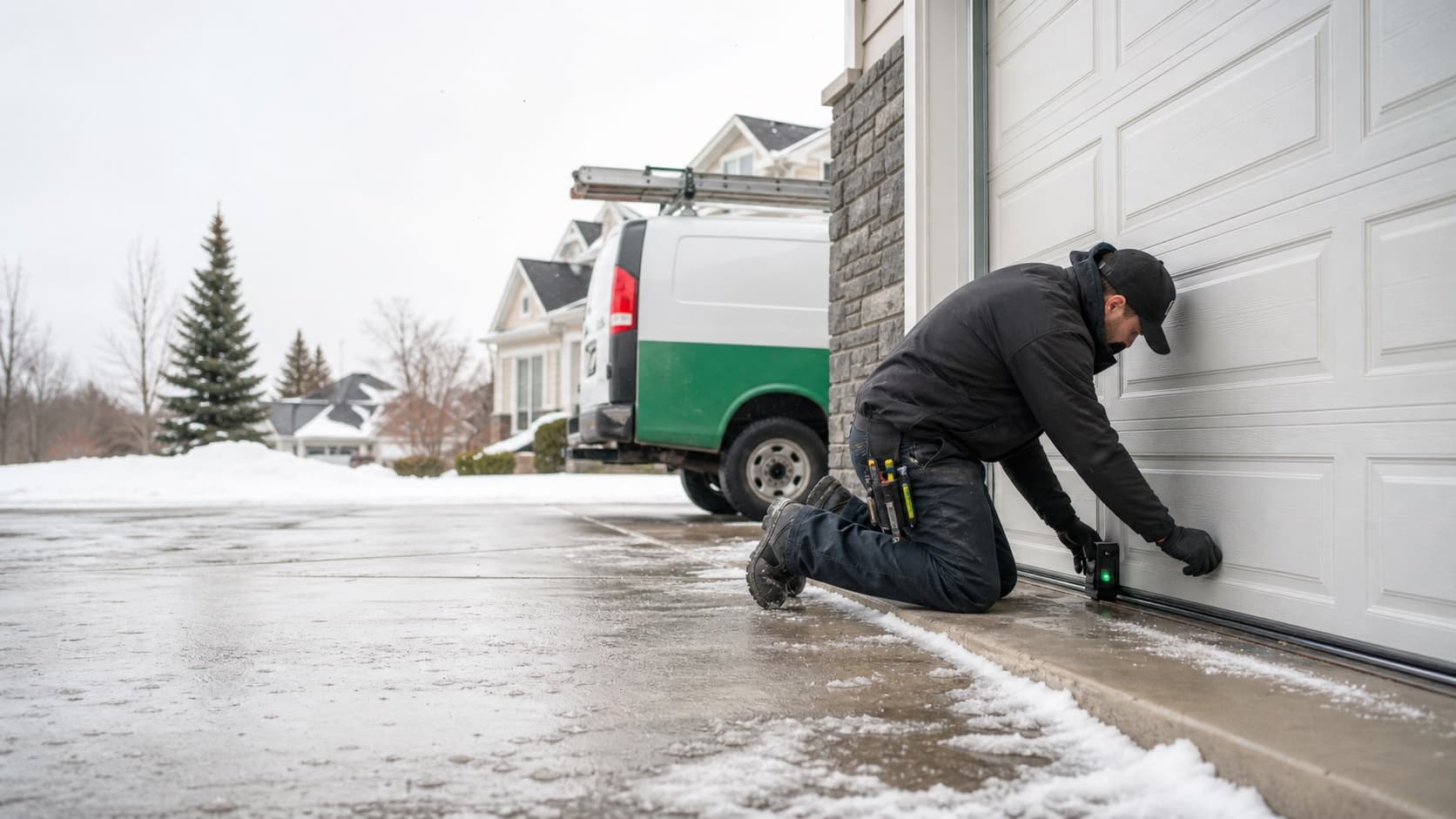 Southeast Edmonton garage door service with snow near the driveway threshold