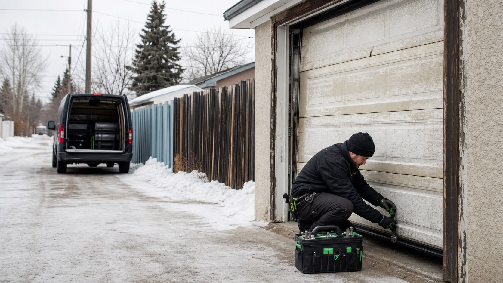 North Edmonton detached garage with a technician checking the overhead door