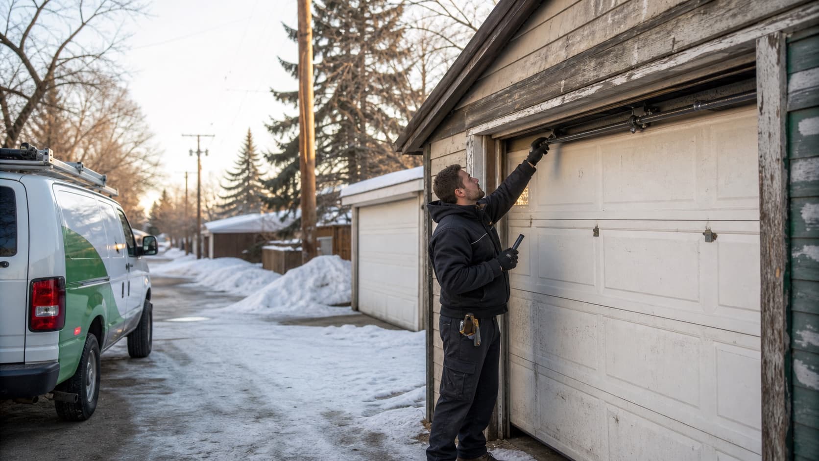 Older alley garage near Old Strathcona with a technician inspecting the door