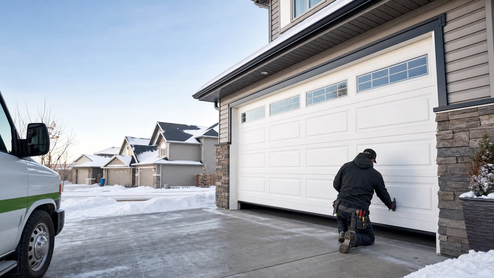 Garage door service truck beside a South Edmonton attached garage in winter