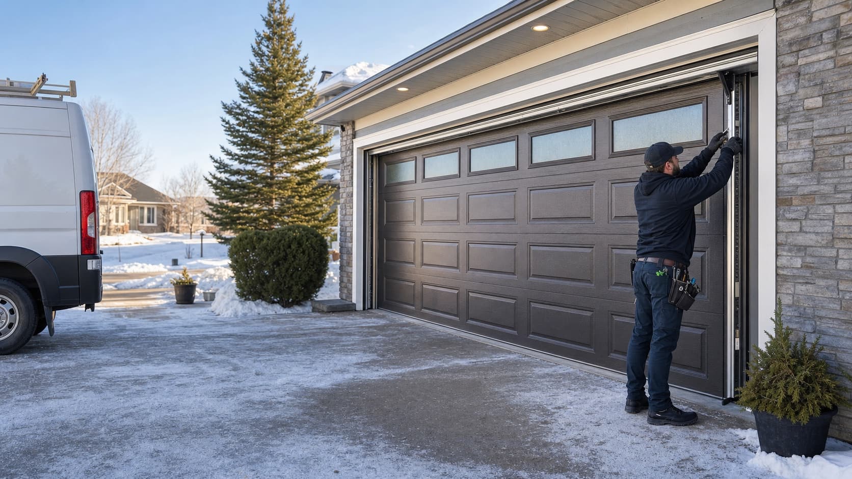 Technician inspecting a wide insulated garage door at a West Edmonton home