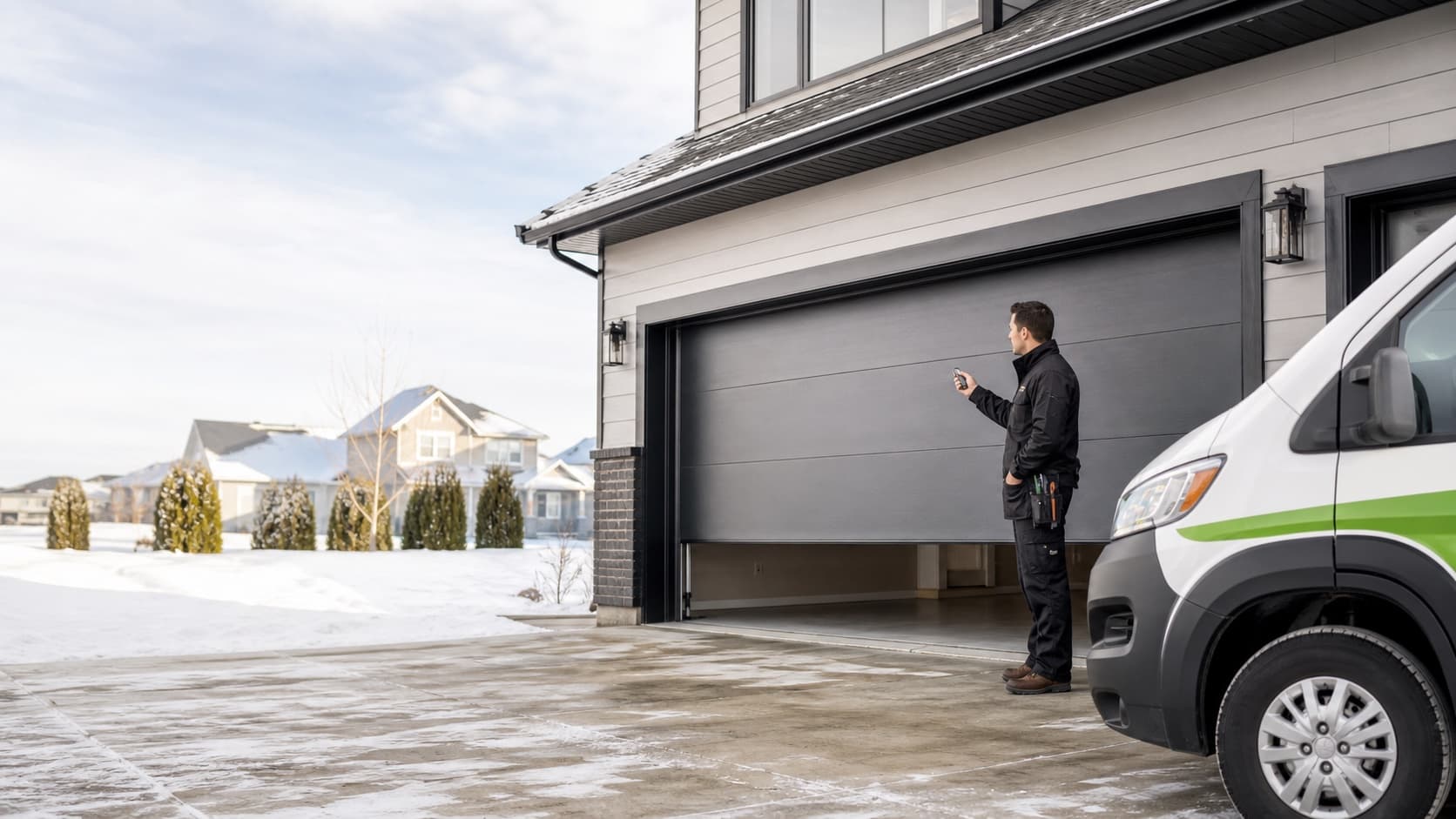 Modern Southwest Edmonton home with a technician checking an insulated garage door